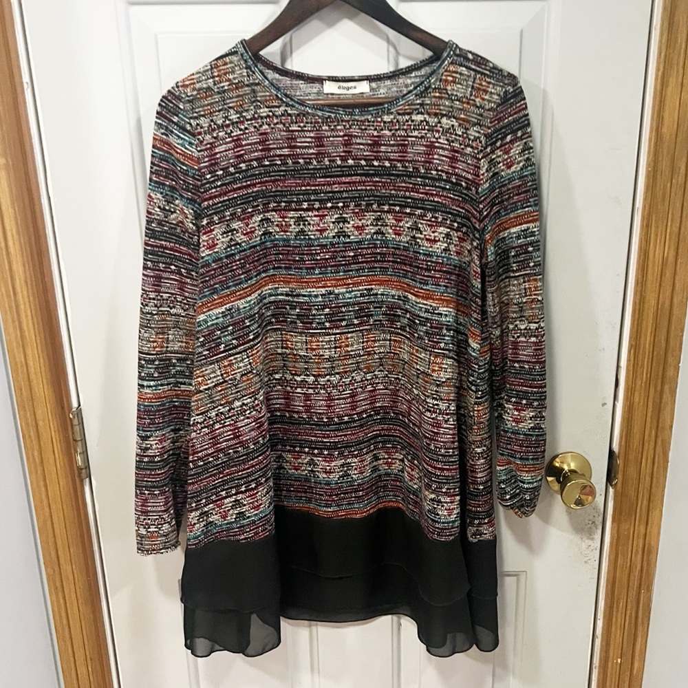 eloges Chiffon Multi Color Knit‎ Tunic Womens Size Large Boho Tribal Chic Aztec